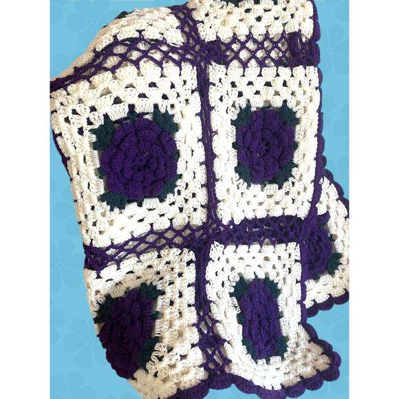 Vintage Granny Square Afghan Throw Quilt - White, Purple, Green Floral  74"x48" - Picture 2 of 5